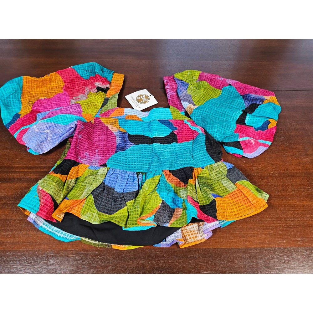 Marie Oliver Kaylee Top Jewel Multi Color Silk Linen Puff Sleeve Blouse - Picture 6 of 11